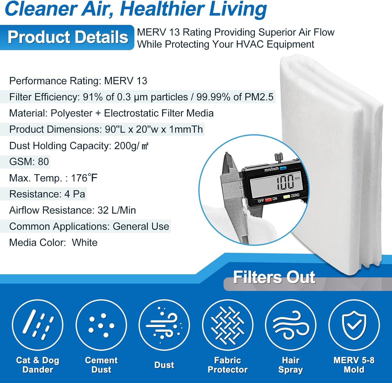 UCINNOVATE MERV 13 Filter Media 20"x90", 12.5 Ft² Cut to Fit Electrostatic Air Vent Filters with 125" Tape, Stop Dust, Pollen and Pet Dander(0.3 Microns) for HVAC AC Vent Purifiers Fan Registers