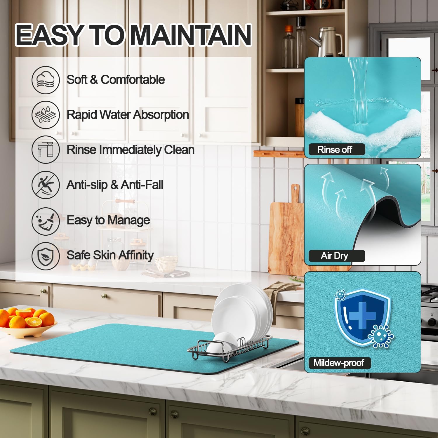 Dish Drying Mat for Kitchen Counter | Coffee Bar Mat for Countertops | Heat Resistant Drainer Mat with Non-slip Rubber Backed | Hide Stain Kitchen Absorbent Draining Mat | Turquoise 16"x18"