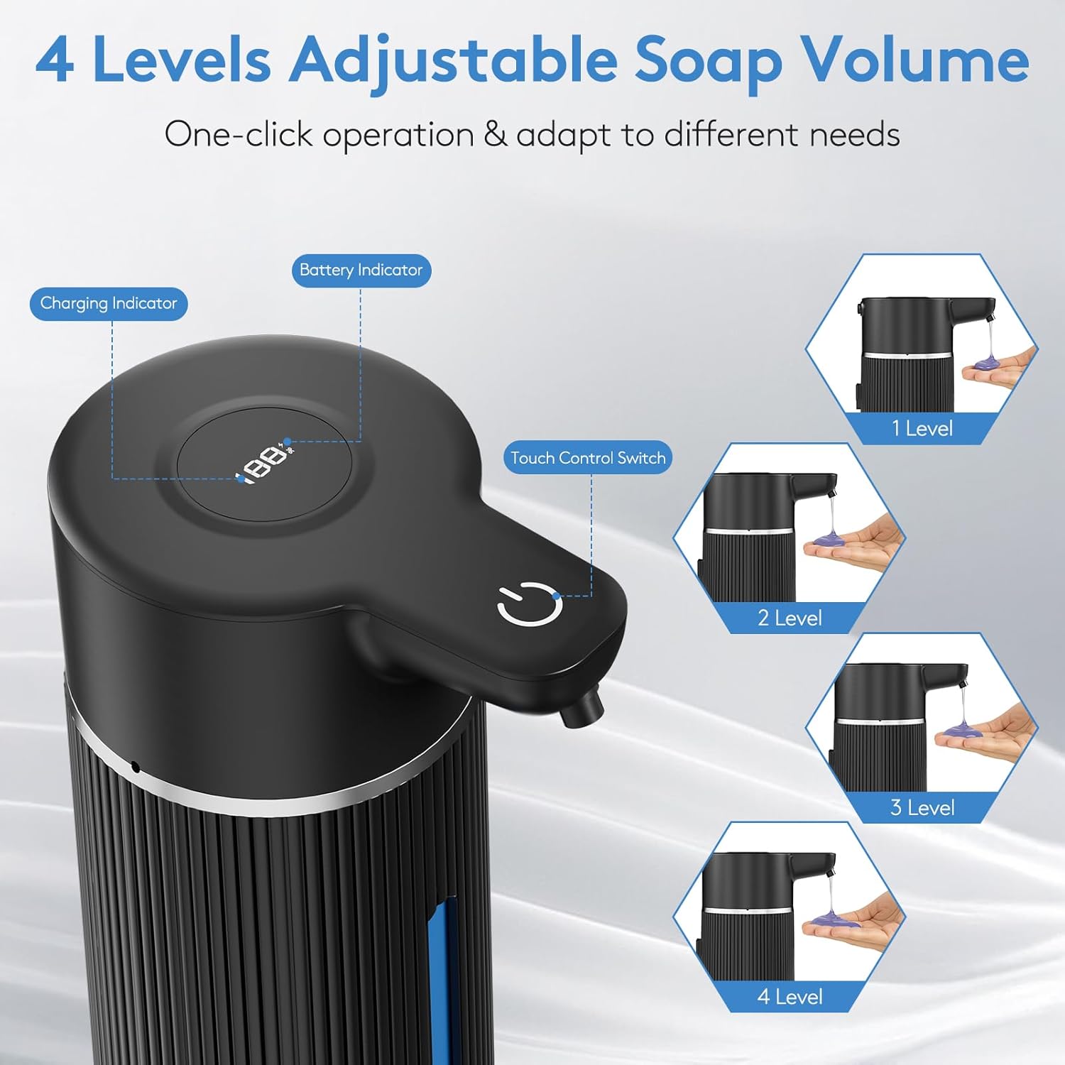 Automatic Soap Dispenser Touchless, 14.2oz/420ml Dish Hand Soap Dispenser for Kitchen Bathroom, Adjustable Volume for Thick & Thin Liquid, USB C Rechargeable, Clog-Free, Black
