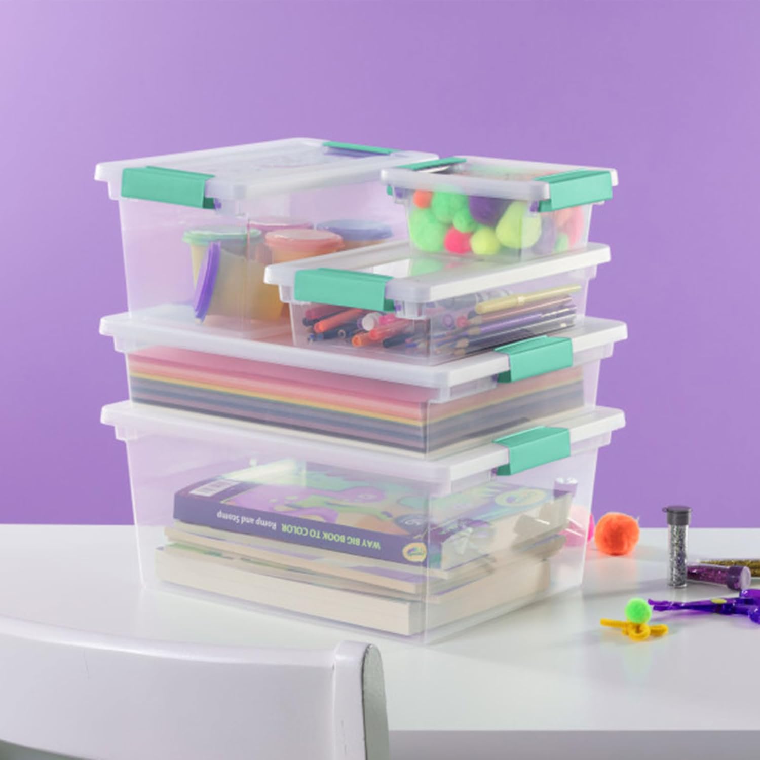 Sterilite 24-Pack Clip Box, Stackable Clear Plastic Bins with Latching Lids, Mini - Writing, Arts or Crafts Supplies Storage Containers for Home, Office, Classroom and Workshop Organization