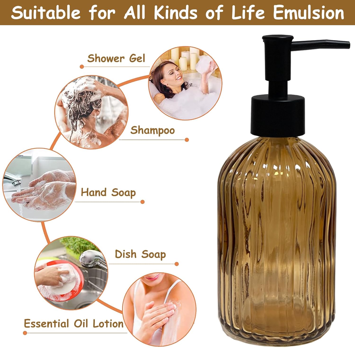 Black Pump Glass Soap Dispenser, 13.5oz Brown Stripe Countertop Refillable Liquid Bottle Hand Dish Lotion Dispenser with Plastic Pump, for Kitchen, Bathroom Countertop