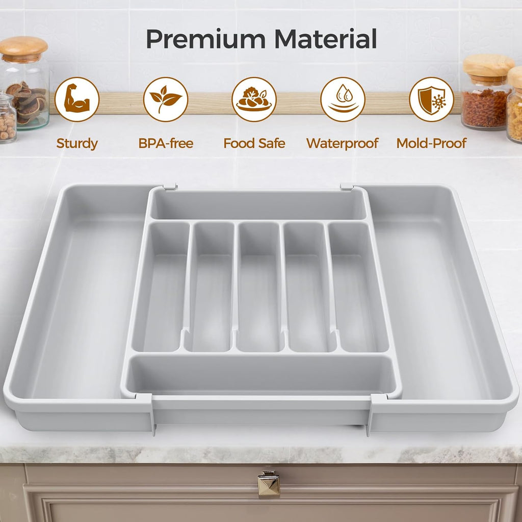 Extra Large Expandable Silverware Organizer, BPA-Free Food-Safe Cutlery Flatware Organizer, Kitchen Utensil Drawer Organizer, Adjustable Silverware Holder for Spoons Forks Knives, Gray