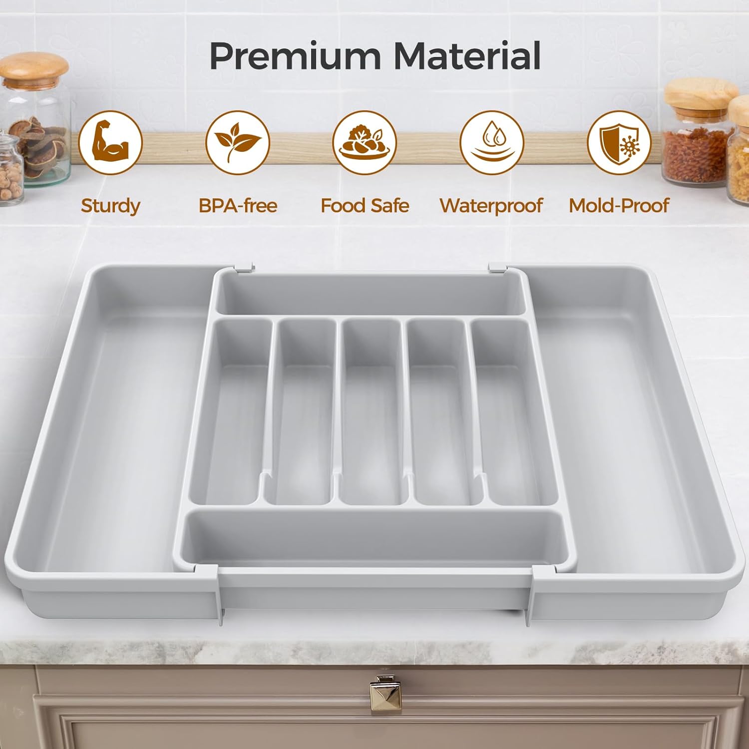 Extra Large Expandable Silverware Organizer, BPA-Free Food-Safe Cutlery Flatware Organizer, Kitchen Utensil Drawer Organizer, Adjustable Silverware Holder for Spoons Forks Knives, Gray