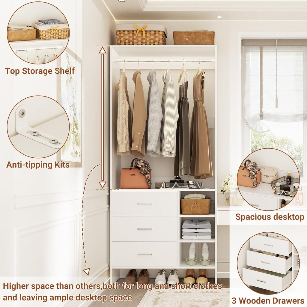Aheaplus 2.5FT Closet System with 3 Drawers, 29.5’’ Closet Organizer, Wood Closet Organizer System, Walk-in Closet or Small Closets Wardrobe, Clothes Rack with Hanging Rods,-E6, White