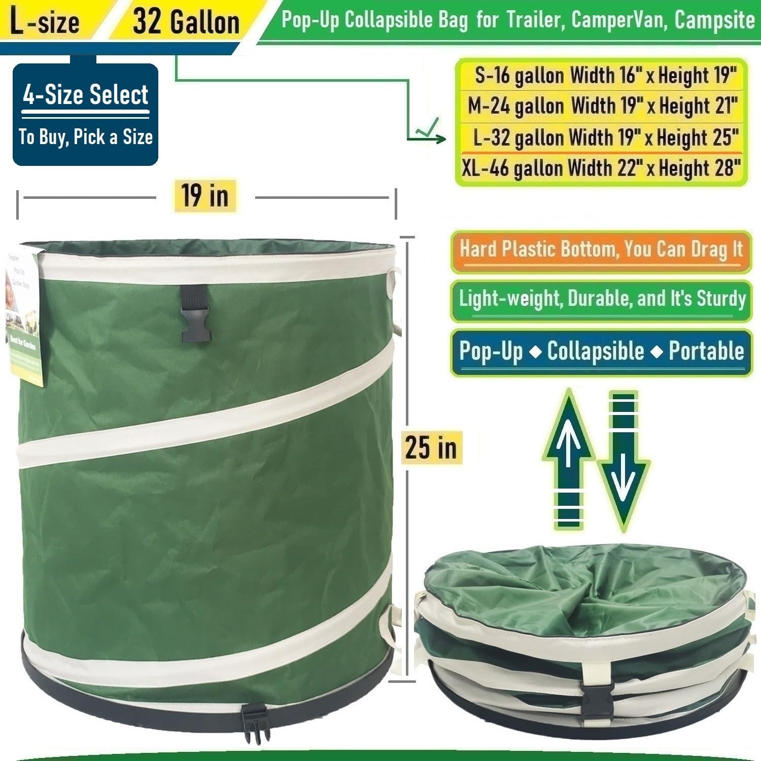 32-Gallon Collapsible Trash Can (19x25 in) Hard-Shell Bottom Yard Garden Bag for Pop-Up Recycling Bin,Yard Waste,Debris bag,Laundry Hamper,RV Camping Waste Bin,Lawn Grass,Leaf Bag,Sods,Weeds Barrel