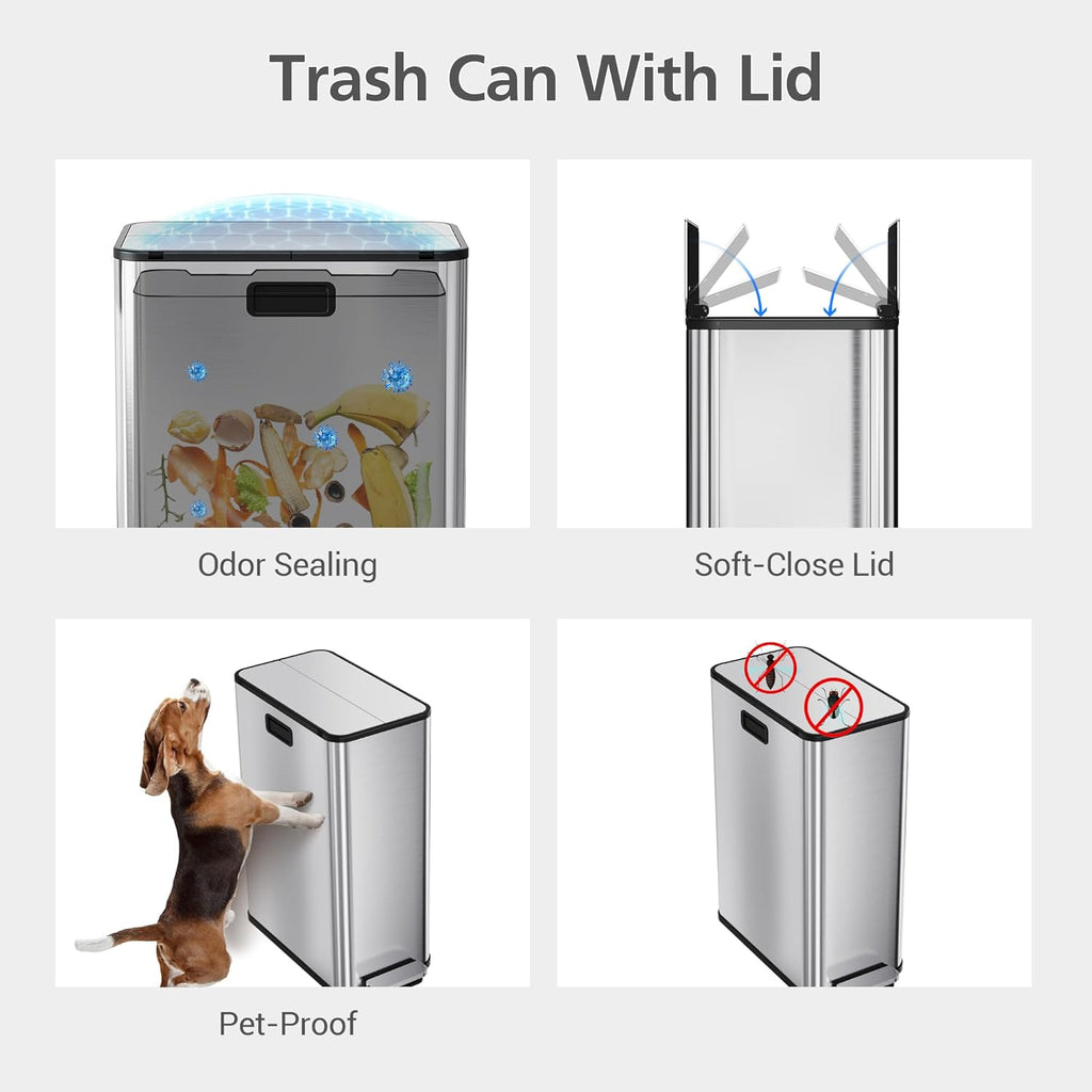 2 x 7.4 Gal (2 x 28L) Slim Trash Can, Stainless Steel Dual Compartment Step-On Recycling Bin with Butterfly Lids & Removable Plastic Inner Buckets for Kitchen, Home, Office