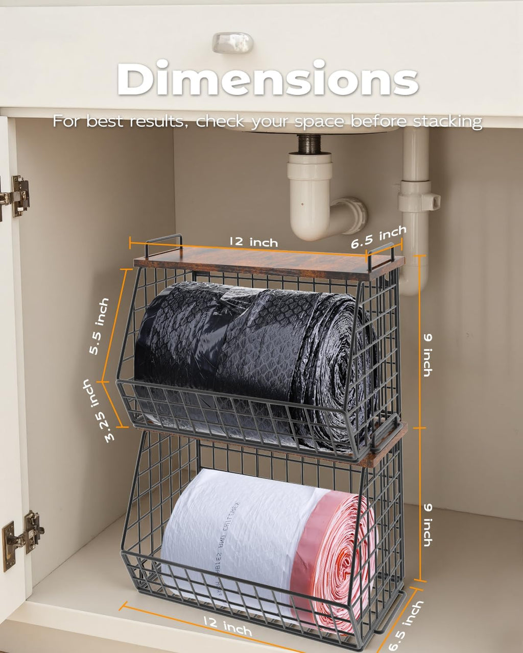 2 Pack Stackable Extra Large Trash Bag Holder Under Sink, Wall Mounted Garbage Bag Dispenser Roll Holder for 13/33 Gallon Trash Bags, Kitchen/Pantry/Laundry Room Organization Basket Storage Bin