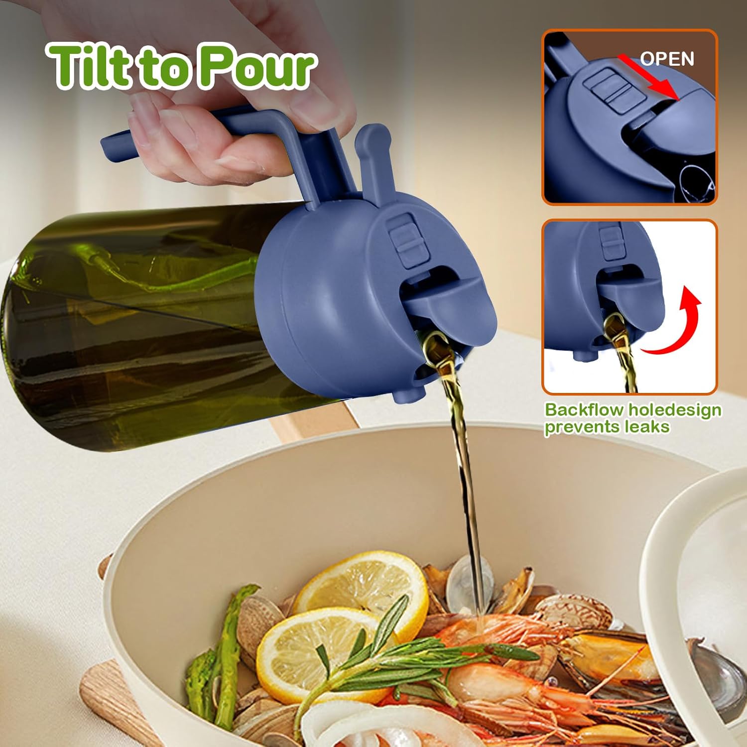 YARRAMATE 16oz/470ml Dark Green Oil Sprayer for Cooking with Stickers, Food-grade Premium 2 in 1 Olive Oil Dispenser Bottle for Kitchen Gadgets, Air Fryer, Salad, Frying, BBQ (Navy)