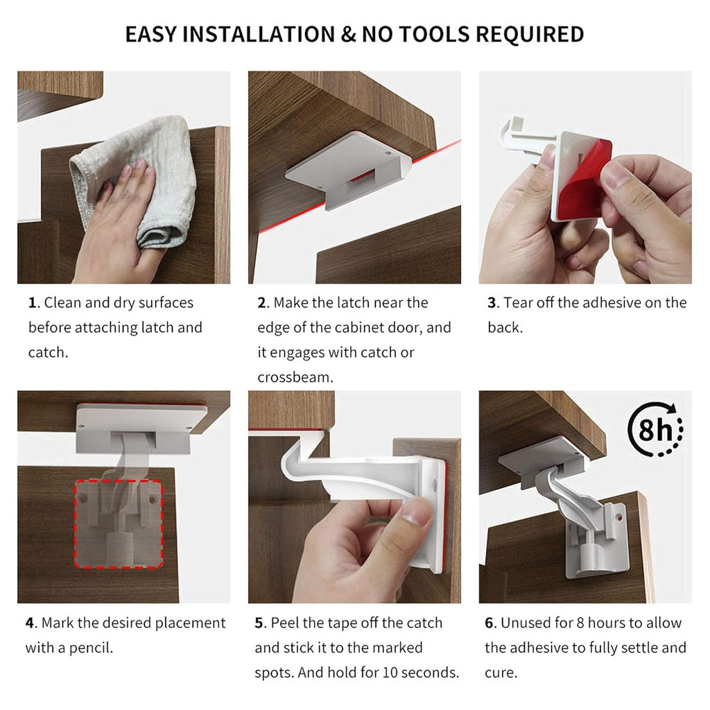 Cupboard Locks for Children - Child Safety Locks, Baby Proofing Drawer Kit Latches - No Drilling - Non Magnetic Child Proof Kitchen Cabinet Lock for Babies - Childproof - 10 Pack