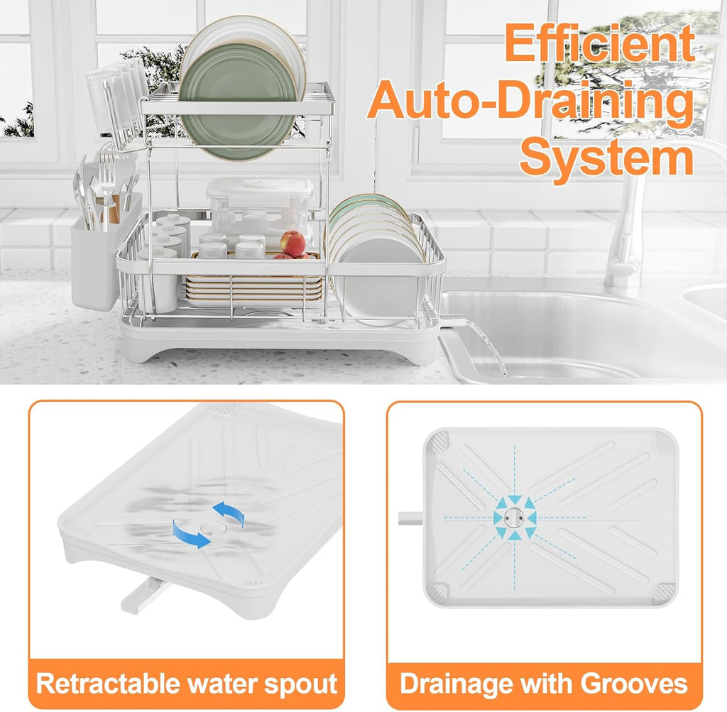 Dish Drying Rack - 304 Stainless Steel Dish Rack for Kitchen Counter, Adjustable Spout Auto-Draining Dish Rack, 2-Tier Kitchen Organizers and Storage Rack with Drainboard and Cutlery Holder White