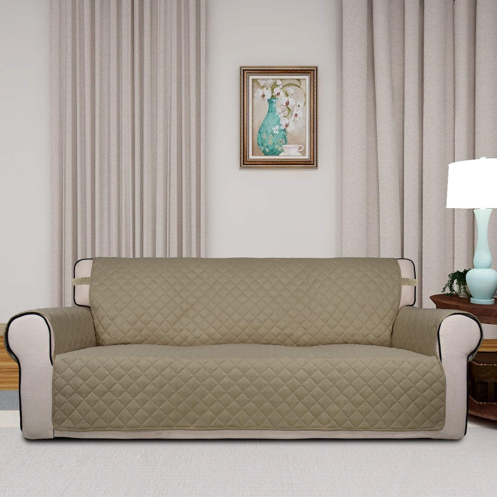 PureFit Reversible Quilted Sofa Cover, Water Resistant Slipcover Furniture Protector, Washable Couch Cover with Non Slip and Elastic Straps for Kids, Pets (Oversized Sofa, Beige/Beige)