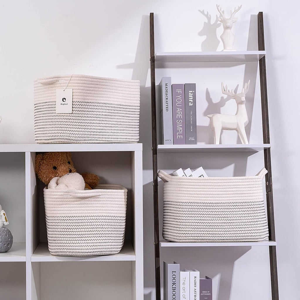 Medium and Large Woven Basket//With Handle, Used for Toys and Fabric Storage Basket used for Storing xl Storage Box, Decorative Storage Box Room 2pack (14L*10W*8.6H White/Black Line, 14Lx10Wx8.6H)