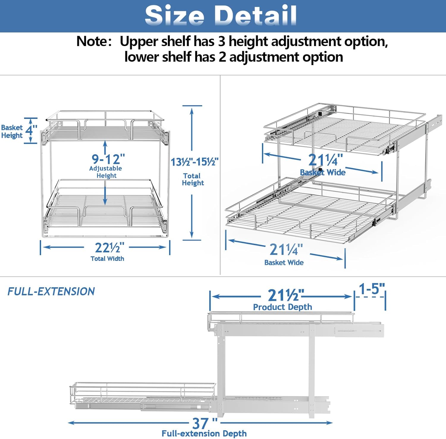LOVMOR 2 Tier Individual Pull Out Cabinet Organizer 22½" W x 21½" D, Slide Out Kitchen Cabinet Storage Sliding Shelves