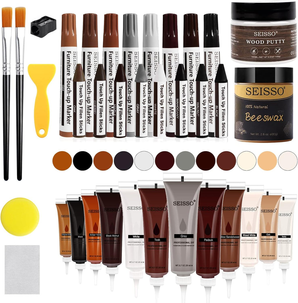 SEISSO Wood Scratch Repair Kit - Set of 36 Wood Filler Putty for Scratches Furniture Markers Touch Up Vinyl Floor Repair Kit - Restore a Finish, Cover Hardwood Scratches, Cracks, Hole, Table, Door
