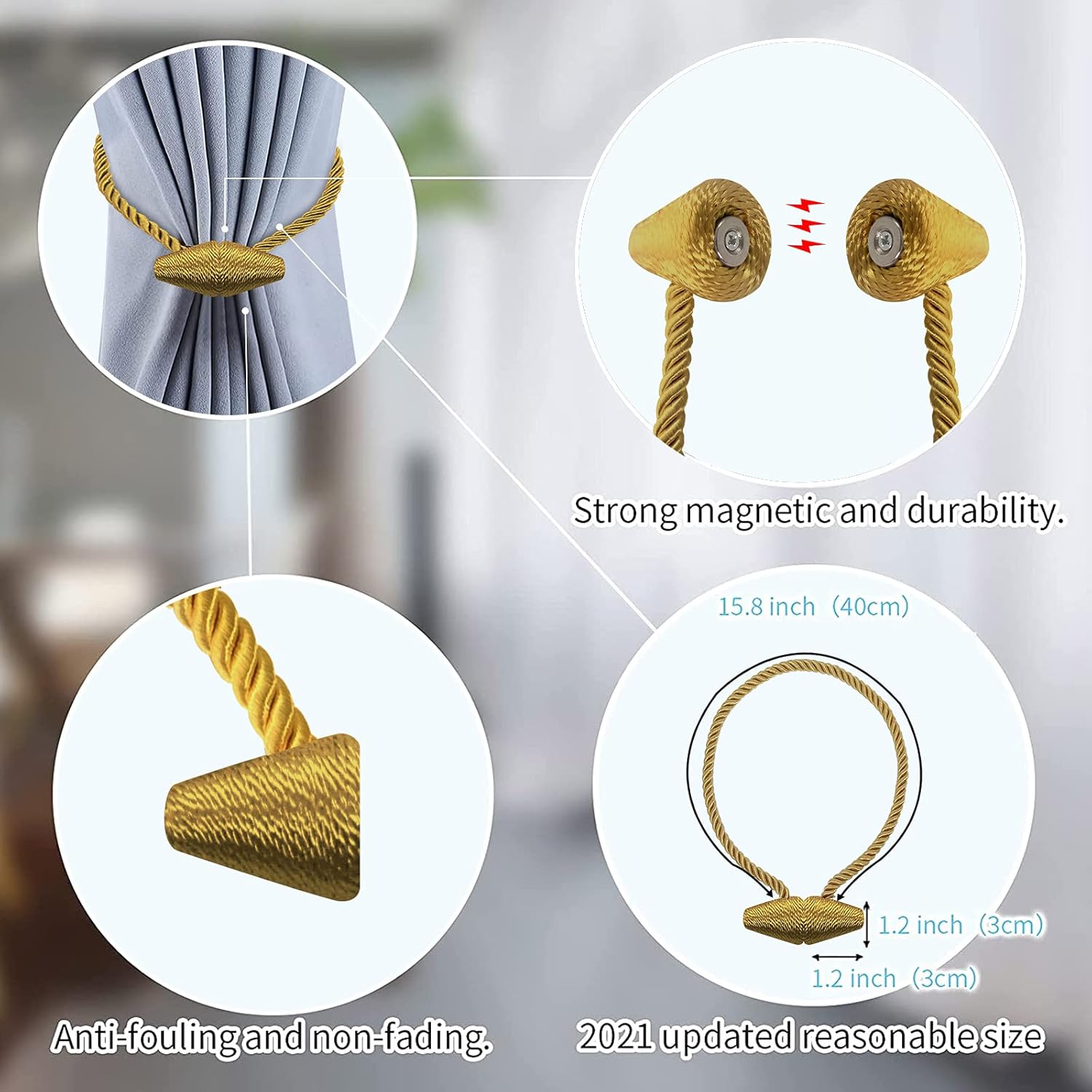 Hion Magnetic Curtain Tiebacks Golden 2pcs, Curtain Tiebacks Buckles Holdbacks Holders Hooks Clip for Home Bedroom Office Decorative Curtain