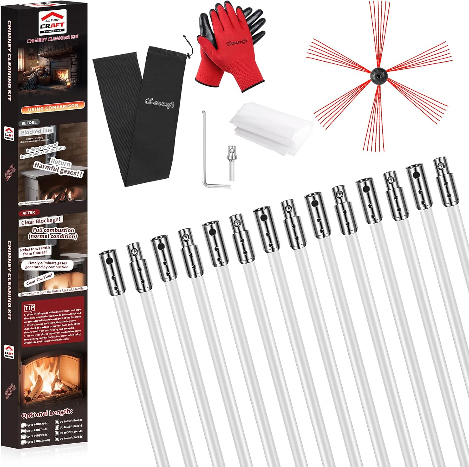 46 Feet Chimney Sweep Kit, Chimney Cleaning Kit with 14 Flexible White Chimney Rods, Chimney Brush for Sweeping Fireplace, Rotary Chimney Cleaning System Driven by Drill