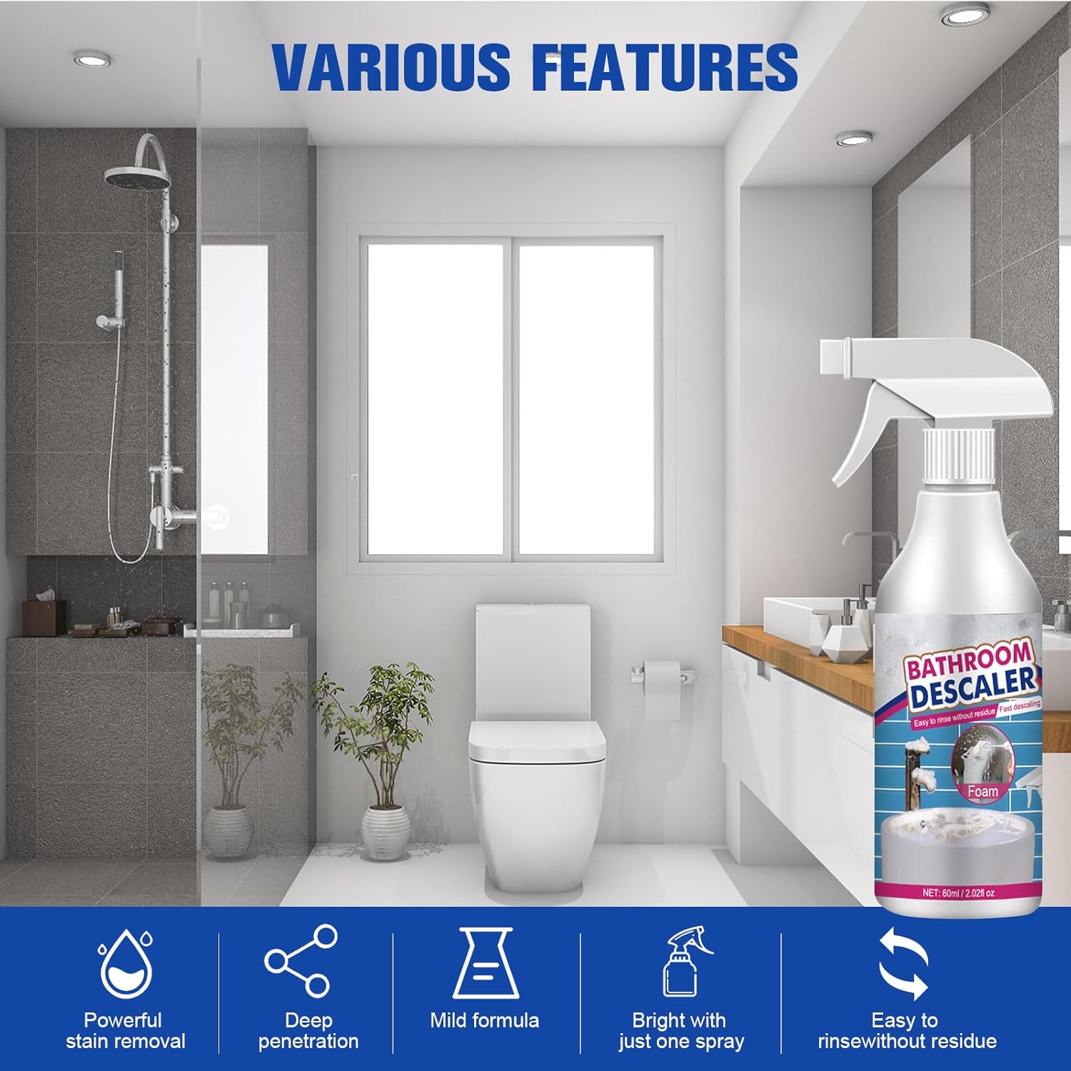 2PCS Bathroom Descaler Foam Cleaner, Stubborn Stains Cleaner, Multipurpose Bathroom Foam Cleaner Spray, Bath-room Descaler Spray for Bath-room Toilet Bath Shower Glass Sink Cleane