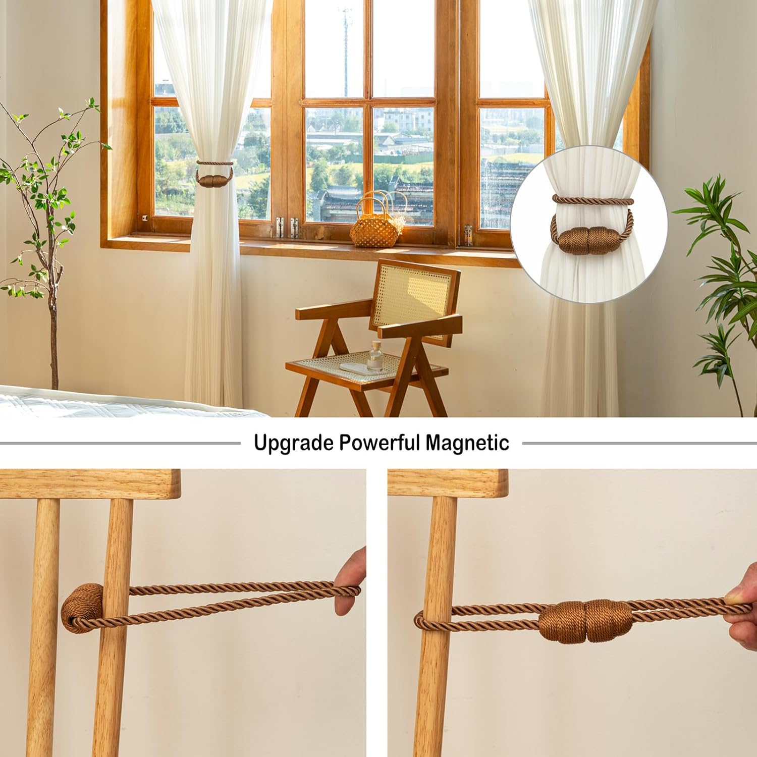 Magnetic Curtain Tiebacks Rope Curtain Tie Backs for Curtains 4 Pack Curtain Holders for Drapes Decorative Window Curtain Holdbacks, Khaki