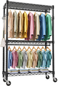Heavy Duty Rolling Garment Rack 3 Tiers Adjustable Wire Shelving Clothes Rack with 2 Rods and Side Hooks, Storage Closet Clothing Rack with Wheels Black 17.7" D x 47.2" W x 83.6" H