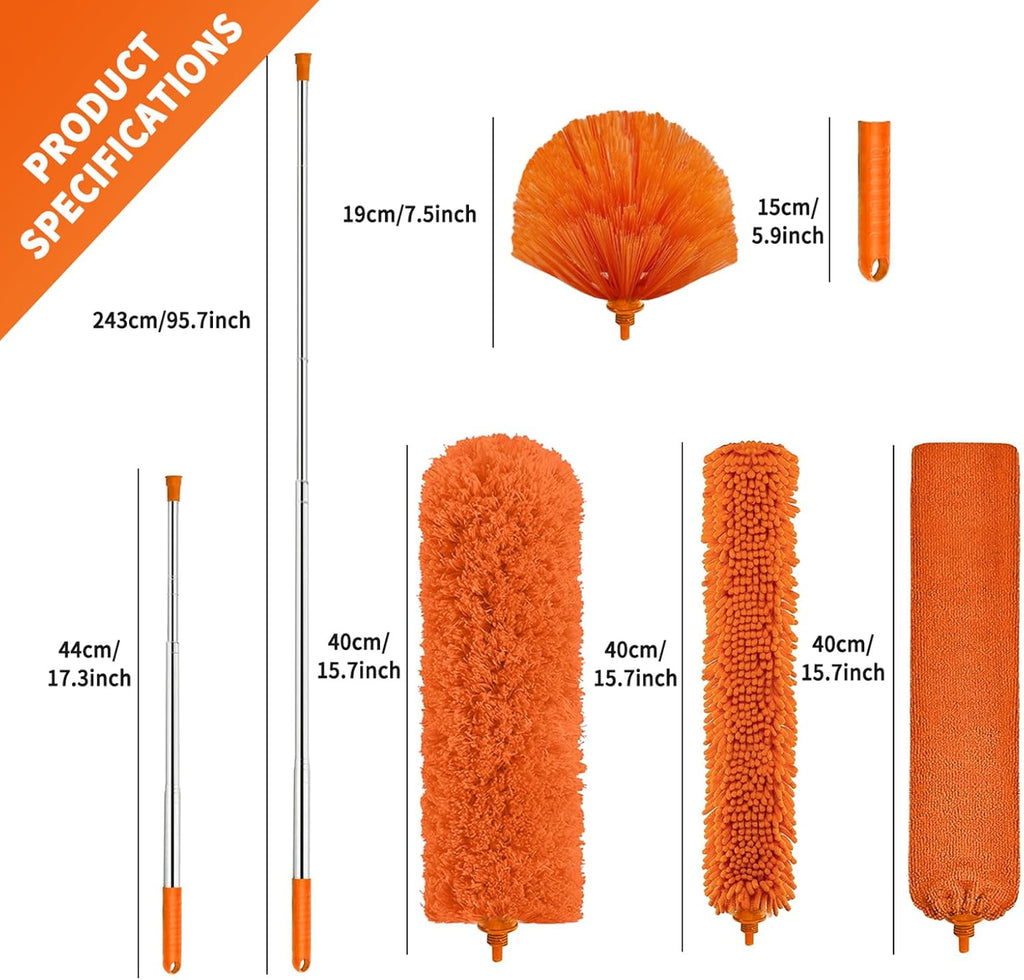 Cobweb Duster with Extension Pole,Cleaner Outdoor 110" Telescoping Extended Sspider Brush, Dusting Kit,Long Handle Reach for High Ceilings and Fans,Microfiber Webster Remover Tools Feather Dusters