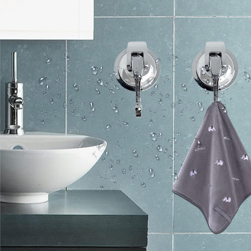 Heavy Duty Suction Cup Hooks for Shower, Bathroom Robe - Vacuum Glass Hooks, Reusable, No Hole Punched, for Garland Decoration (Silver, 2 Pack)