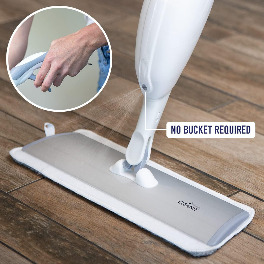 Don Aslett's Spray Mop Plus+ for Floor Cleaning| 360° Rotatable Head | Reusable Microfiber Pad | Rubber Scraper | Refillable Bottle | Suitable for All Floor Types Including Laminate, Hardwood, Tile