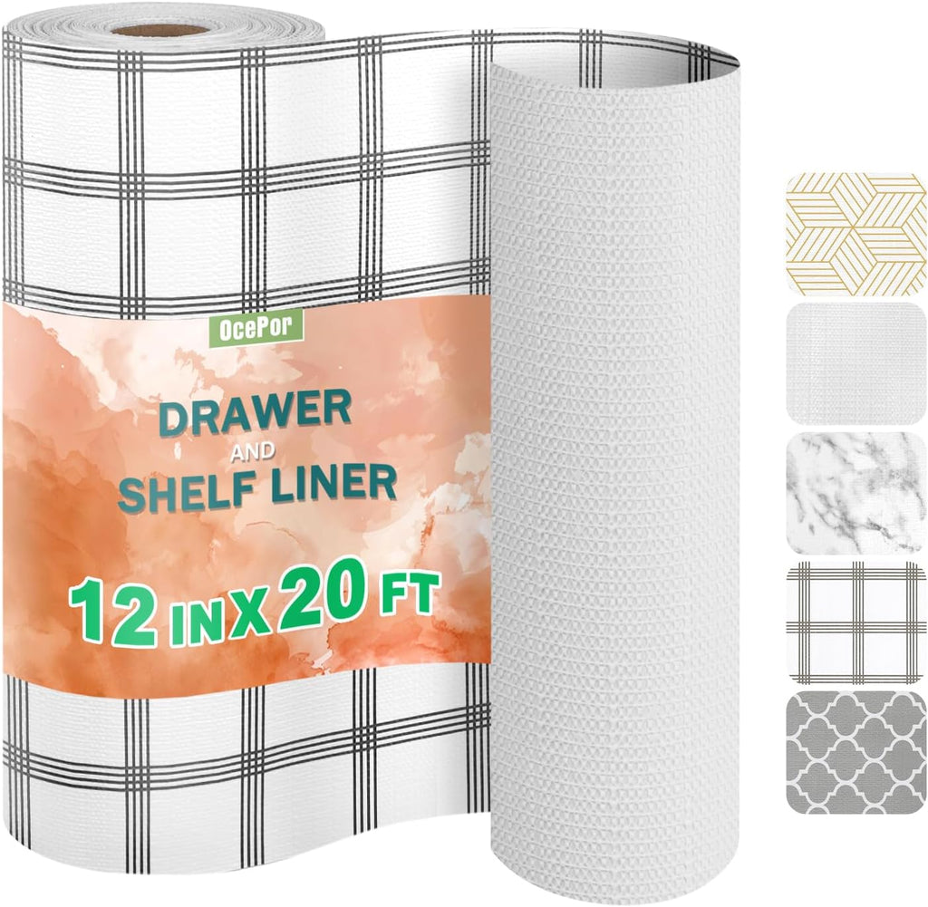 OcePor Non-Adhesive Drawer and Shelf Liner 12IN x 20FT，Non Slip Cabinet and Cupboard Liner, Kitchen Cabinet Liners for Shelves, Waterproof Drawer Shelf Liners for Cabinets/Bathroom Cupboard, Stripe