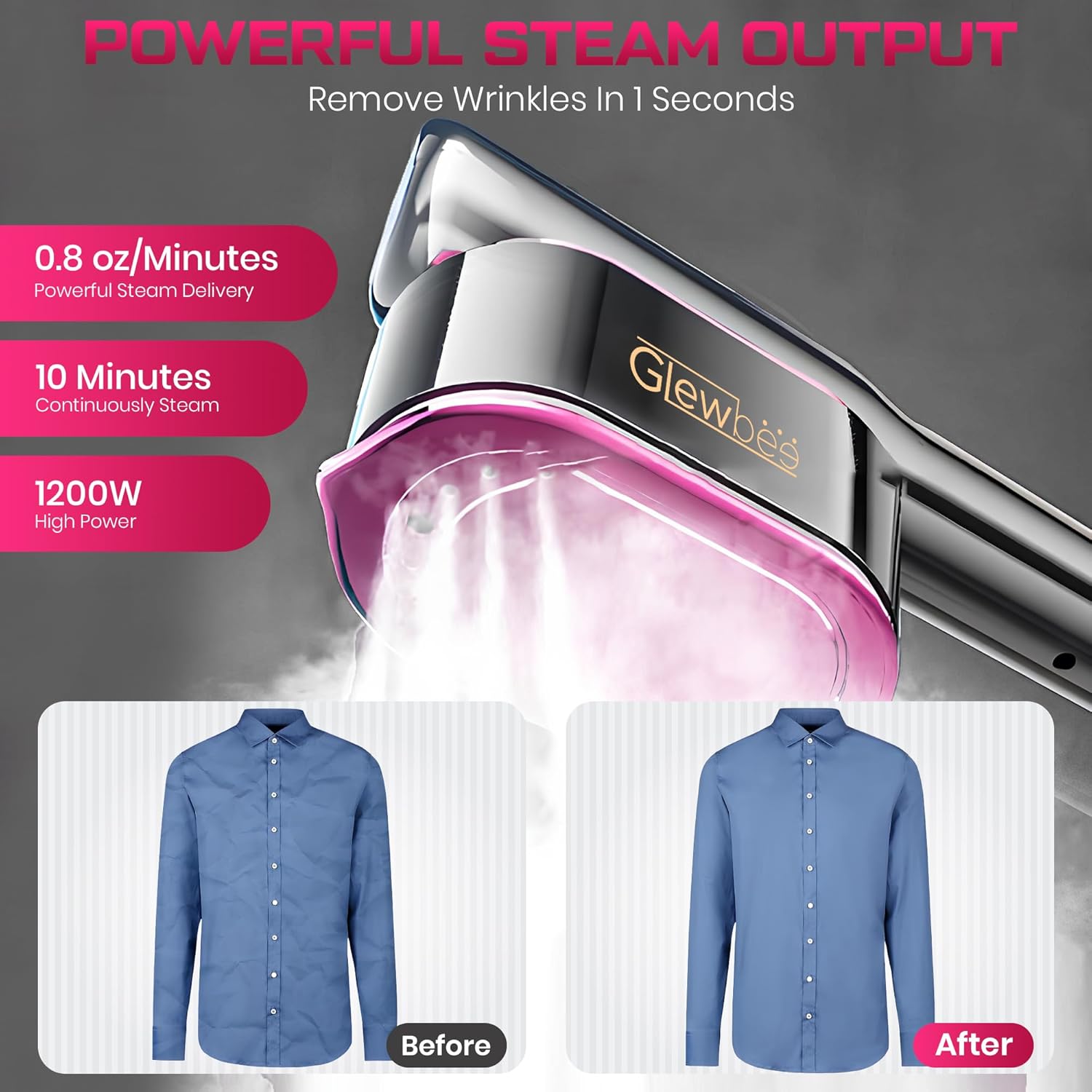 Portable Clothes Steamer, 1200W Touch Screen Handheld Steamer for Clothes, 1s Powerful Wrinkle Remover, All Fabric Modes, Dry & Steam Ironing for Home & Travel, 10s Fast Heat-up-Gray