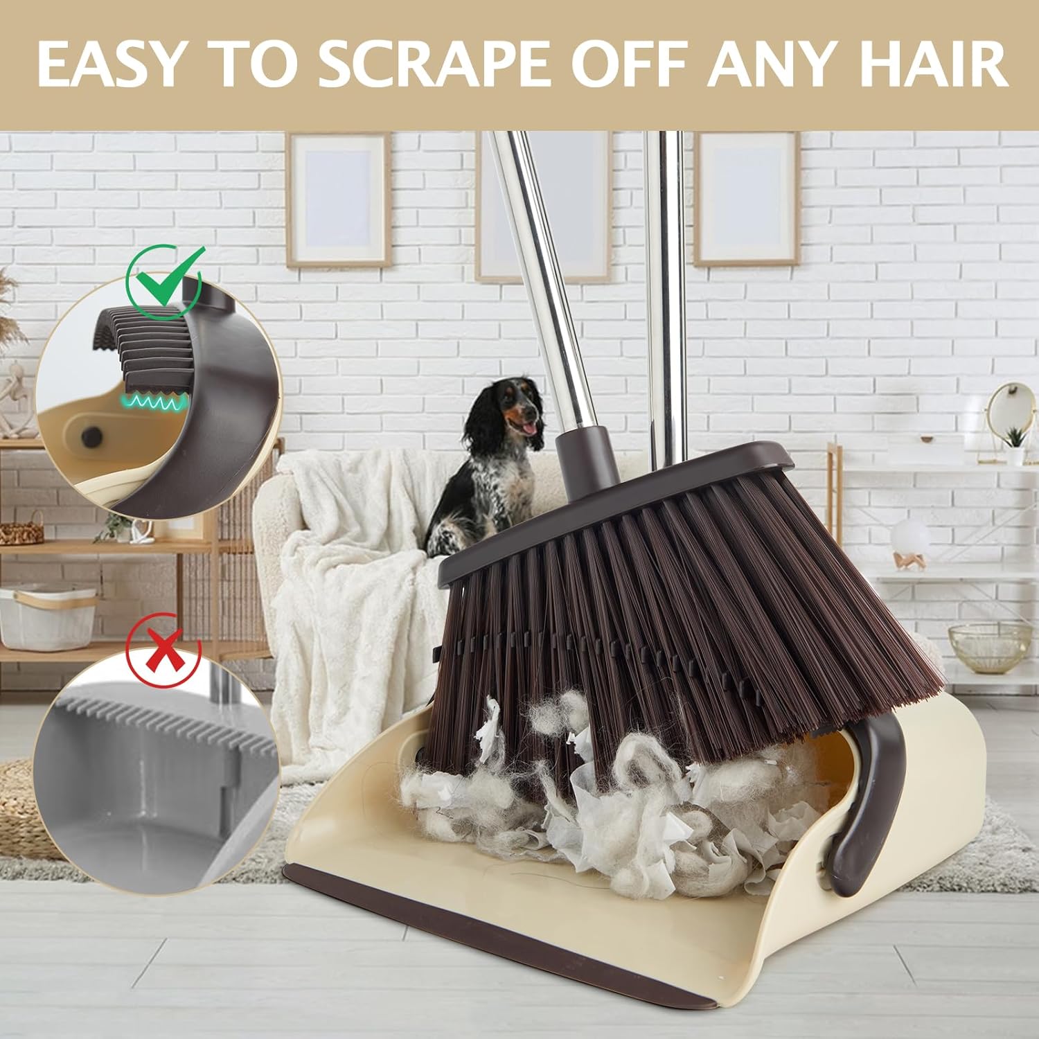 Broom and Dustpan Set with Long Handle, Heavy Dust Broom and Dustpan Combo for Home，Kitchen, Office, Pet Hair(Beige)