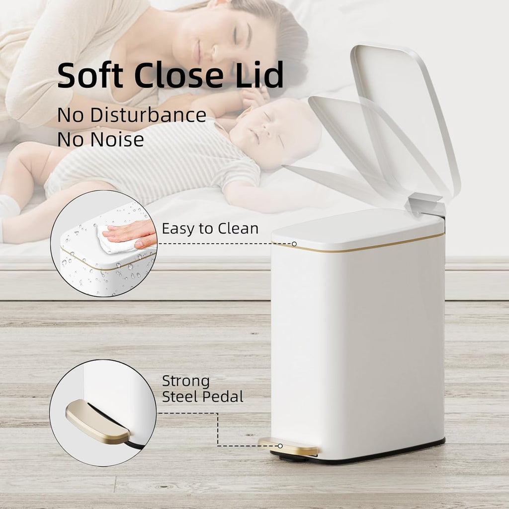 KUK Slim Bathroom Trash Can with Lid, 1.6 Gal / 6L Stainless Steel Small Garbage Bin with Detachable Inner Bucket, Step Pedal, Silent Close, Wastebasket for Toilet, Bedroom, Home, Office (White)
