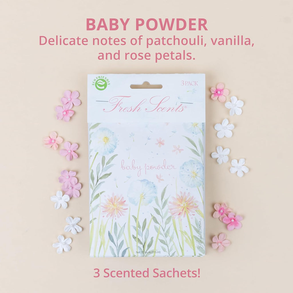 WILLOWBROOK | Fresh Scents Scented Sachet Packet | Baby Powder | Air Freshener Bags for Drawers, Closets, Cars | 6 Pack | Long Lasting Home Fragrance