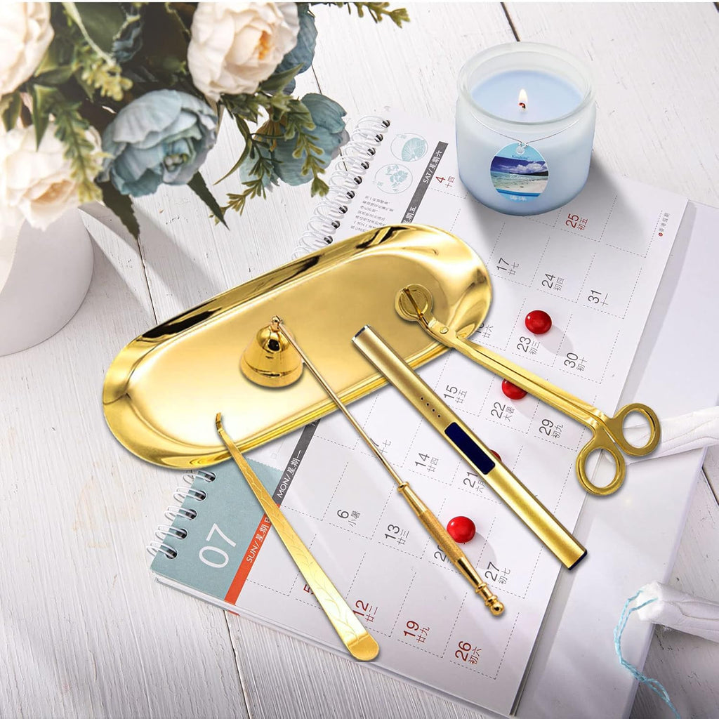 5Pcs Stainless Steel Candle Wick Trimmer Set, Candle Wick Trimmer, Candle Wick Dipper, Candle Wick Snuffer and Rechargeable Electric Candle Lighter for Candle Lovers(Gold)