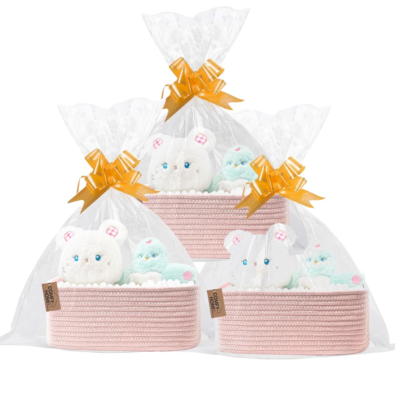 COMFY-HOMI 11.5"x7.5"x4.7" Storage Baskets for Organizing | Cotton Rope Woven Basket | Toy Storage Bin Box | Basket for Shelves, Closet Organizer Bin, Decorative Closet Shelf, 3 Pack, all pink