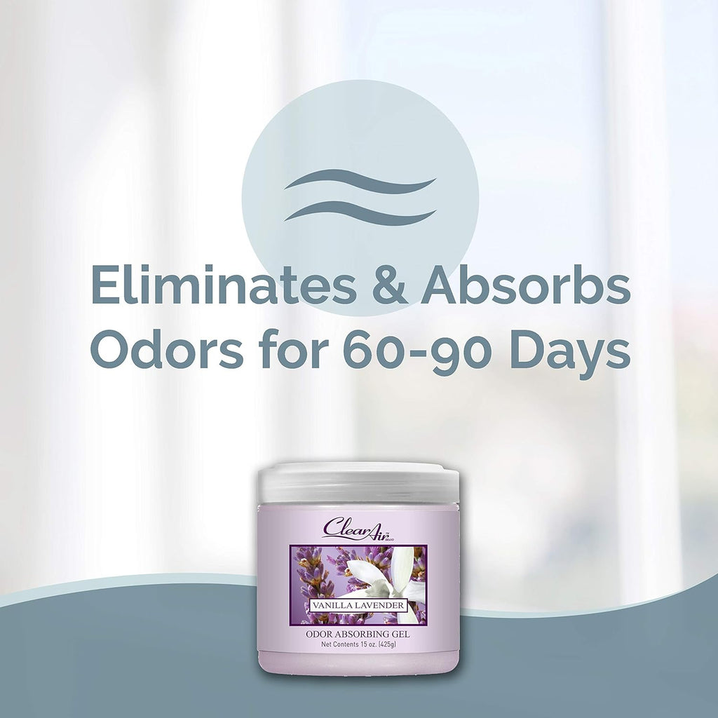 Clear Air Odor Absorber Gel - 15 oz, Pack of 2 - Air Freshener Absorbs and Eliminates Odors in Bathrooms, Cars, Boats, RVs and Pet Areas - Made with Essential Oils - Lavender Vanilla Scent