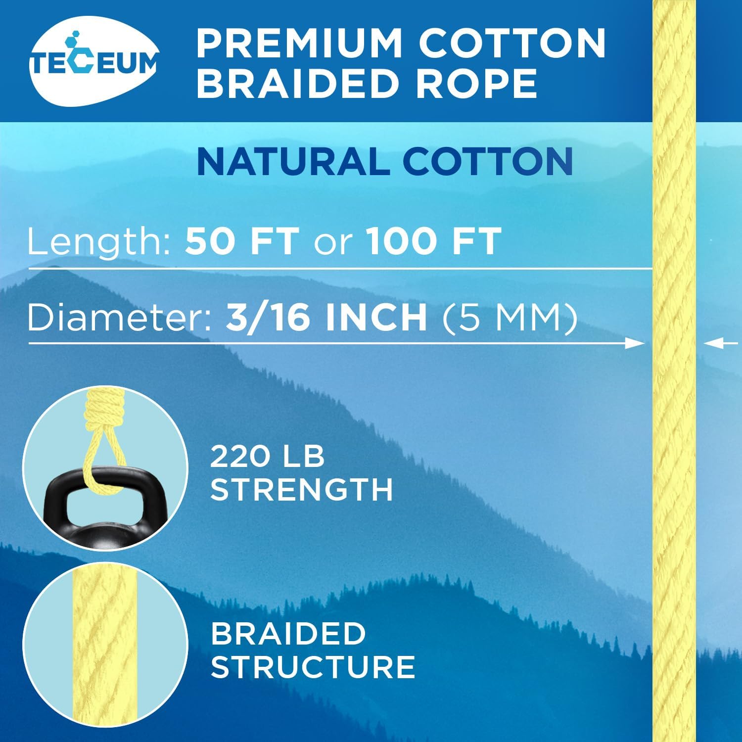 TECEUM Cotton Rope 3/16” (5 mm) – 100 FT – Strong All-Purpose Braided Rope – Natural Cotton – for Crafting, Сamping, Clothes Line, DIY, Indoor & Outdoor Use – Pastel Yellow