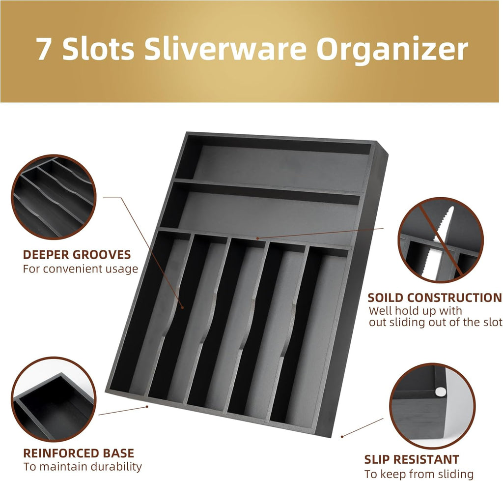 Silverware Organizer Bamboo Kitchen Drawer Organizer Utensil Organizer Silverware Holder Cutlery Organizer in drawer Flatware Organizer Tray (Black 7 Slots)