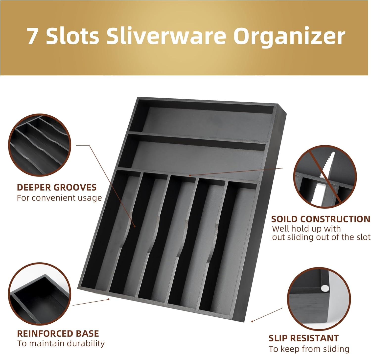 Silverware Organizer Bamboo Kitchen Drawer Organizer Utensil Organizer Silverware Holder Cutlery Organizer in drawer Flatware Organizer Tray (Black 7 Slots)