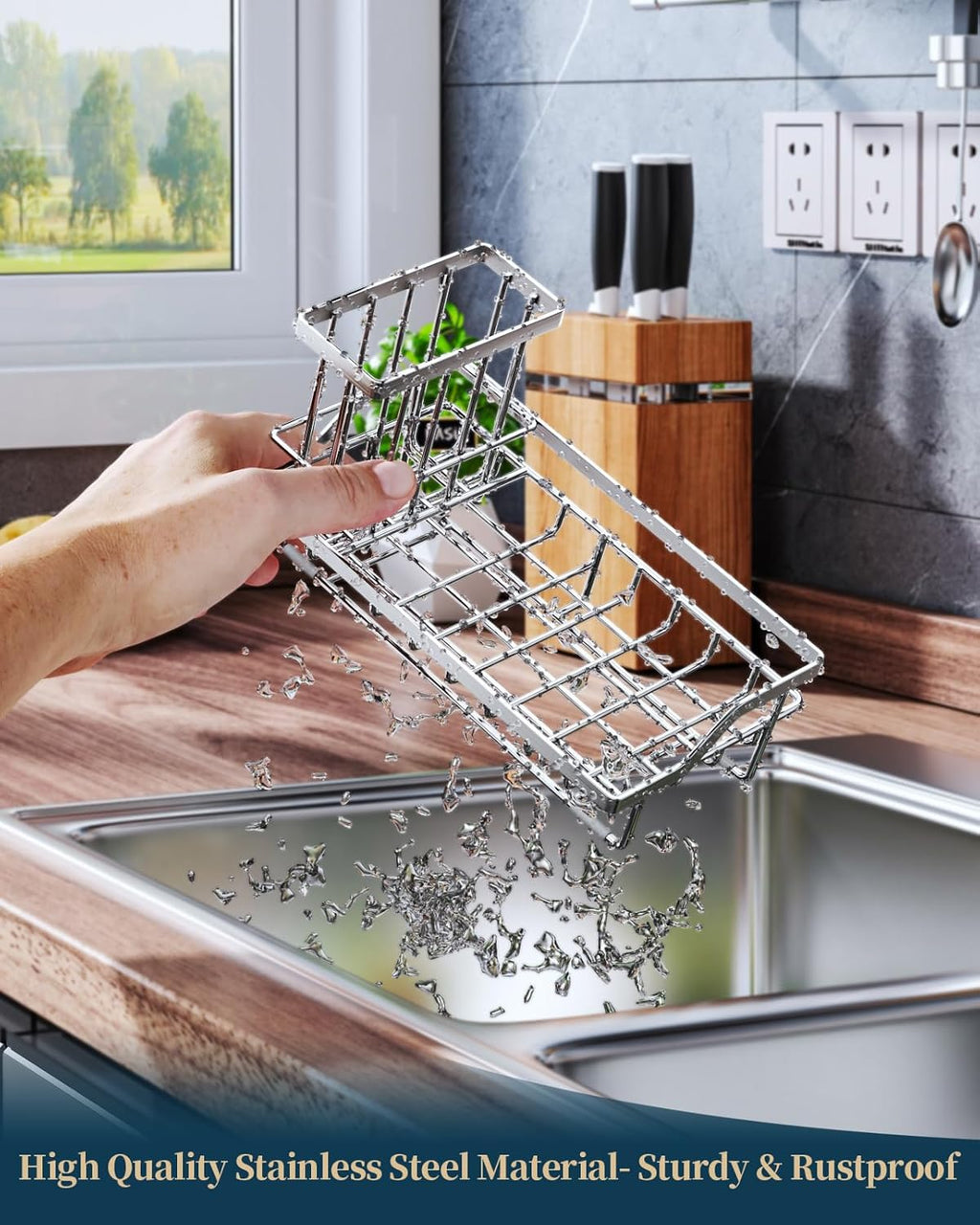 Consumest Sink Caddy, Kitchen Sponge Holder with Dish Brush Holder, Kitchen Sink Organizer with Drip Tray for Countertop Stainless Steel Rustproof, Silver-Large