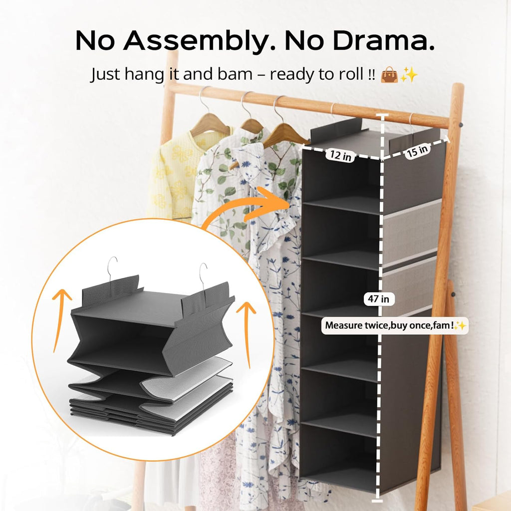 Extra Deep Hanging Closet Organizer with 6 Shelves and Oversized Mesh Pockets, Heavy-Duty Structure, No Deformation, Max Storage for Clothes, Shoes, Hats, Dorms and RVs, Grey,1-Pack