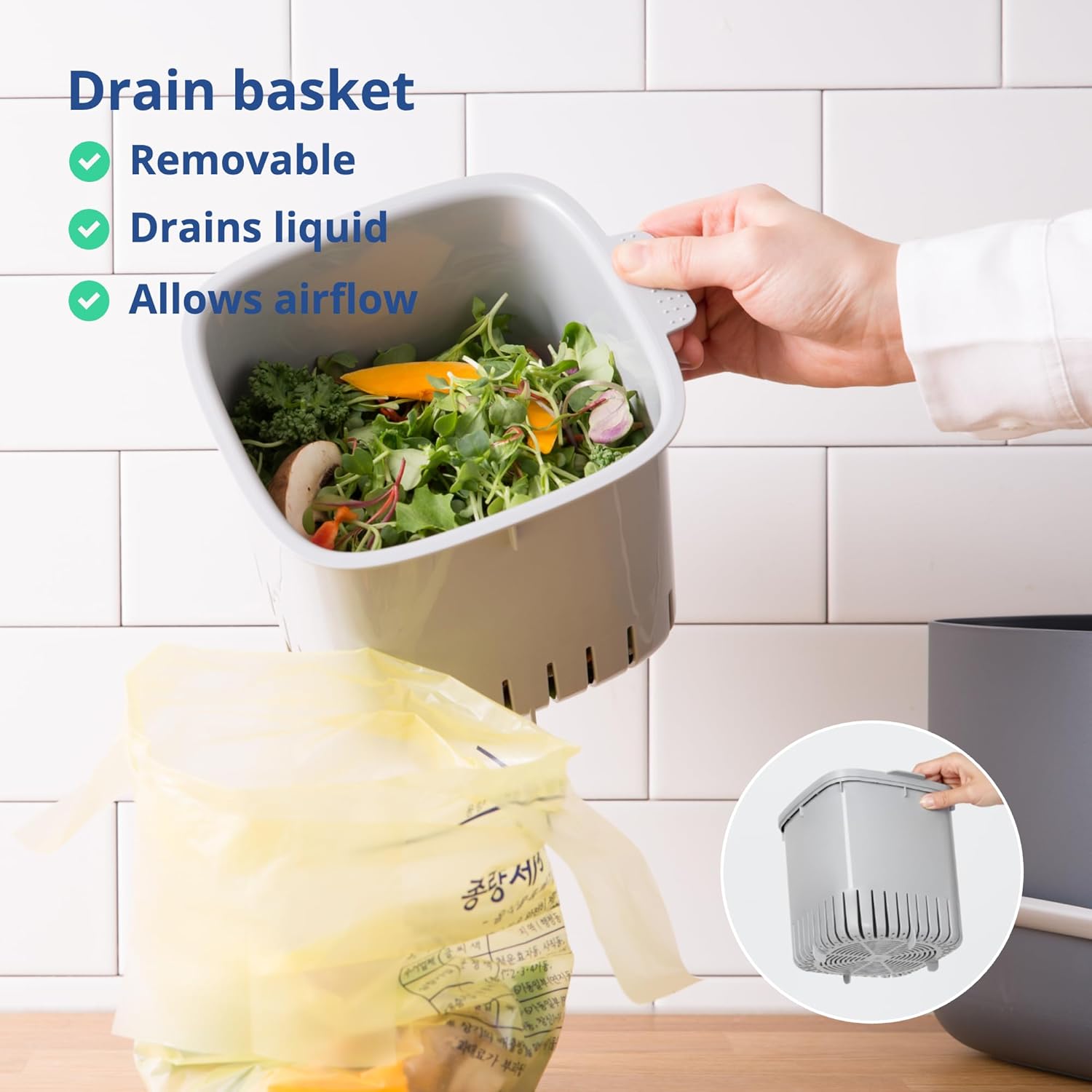 Blue Ginkgo Kitchen Compost Bin [2.6L / 0.69 GAL] – Filter-Free, Odor-Tight Countertop Food Waste Pail with Handle (Made in Korea, White)