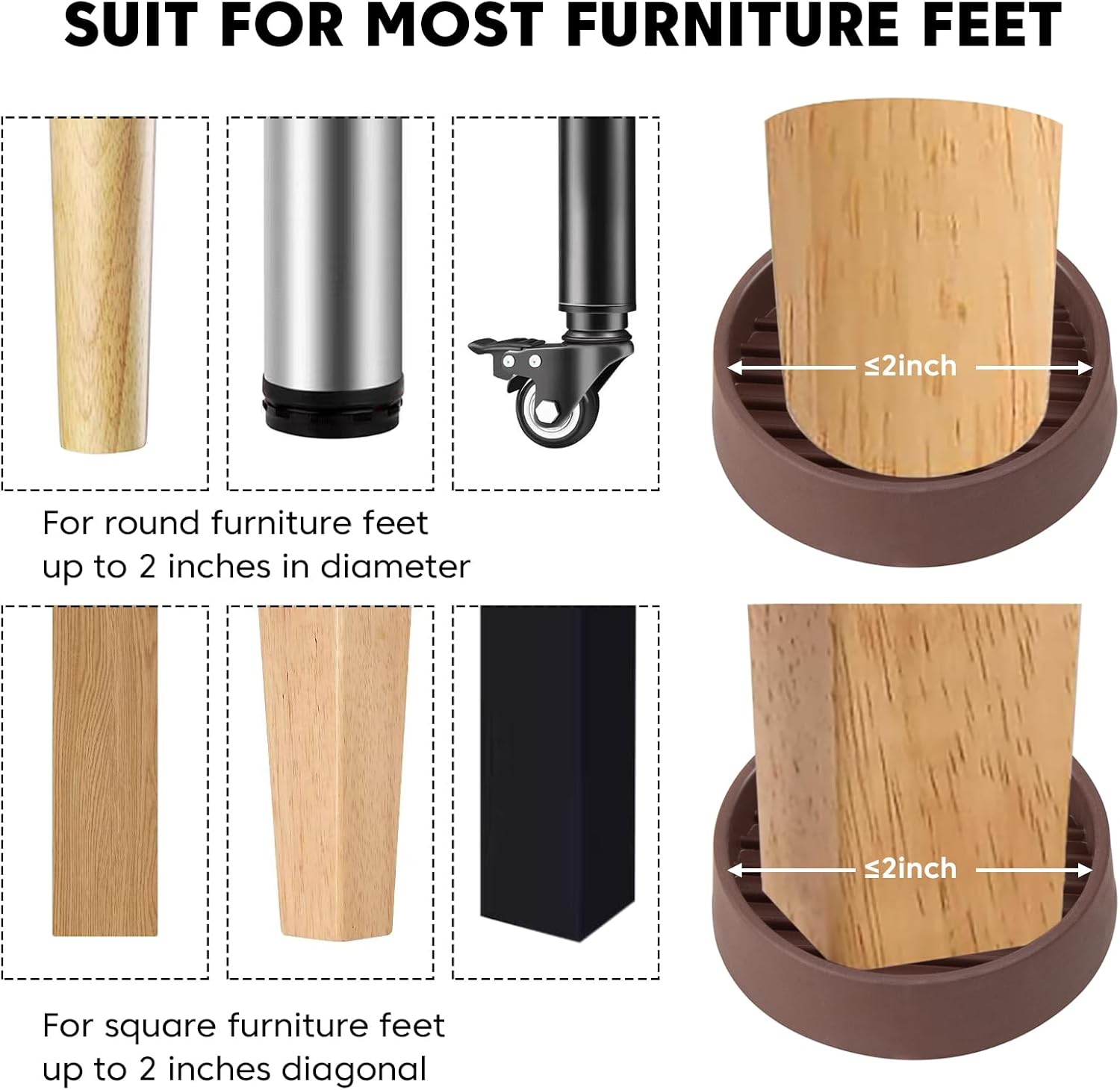 Rubber Non-Slip Furniture Pads Furniture Casters Cup Floor Protector for Bed Sofa Table and Chair Stopper (Pack of 8, 2 * 2 inches,Round, Brown)