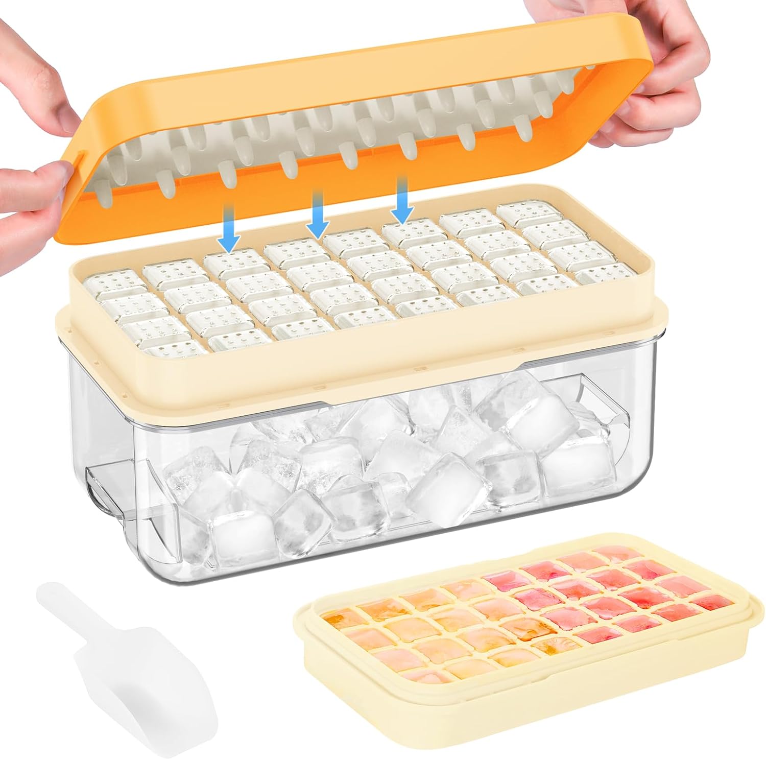 Ice Cube Tray with Lid and Bin, 32 pcs Ice Cubes Molds, Ice Trays for Freezer, Ice Cube Tray Mold, with 1 tray, Ice Freezer Container, Spill-Resistant Removable Lid & Ice Scoop, for Whiskey,Cocktail
