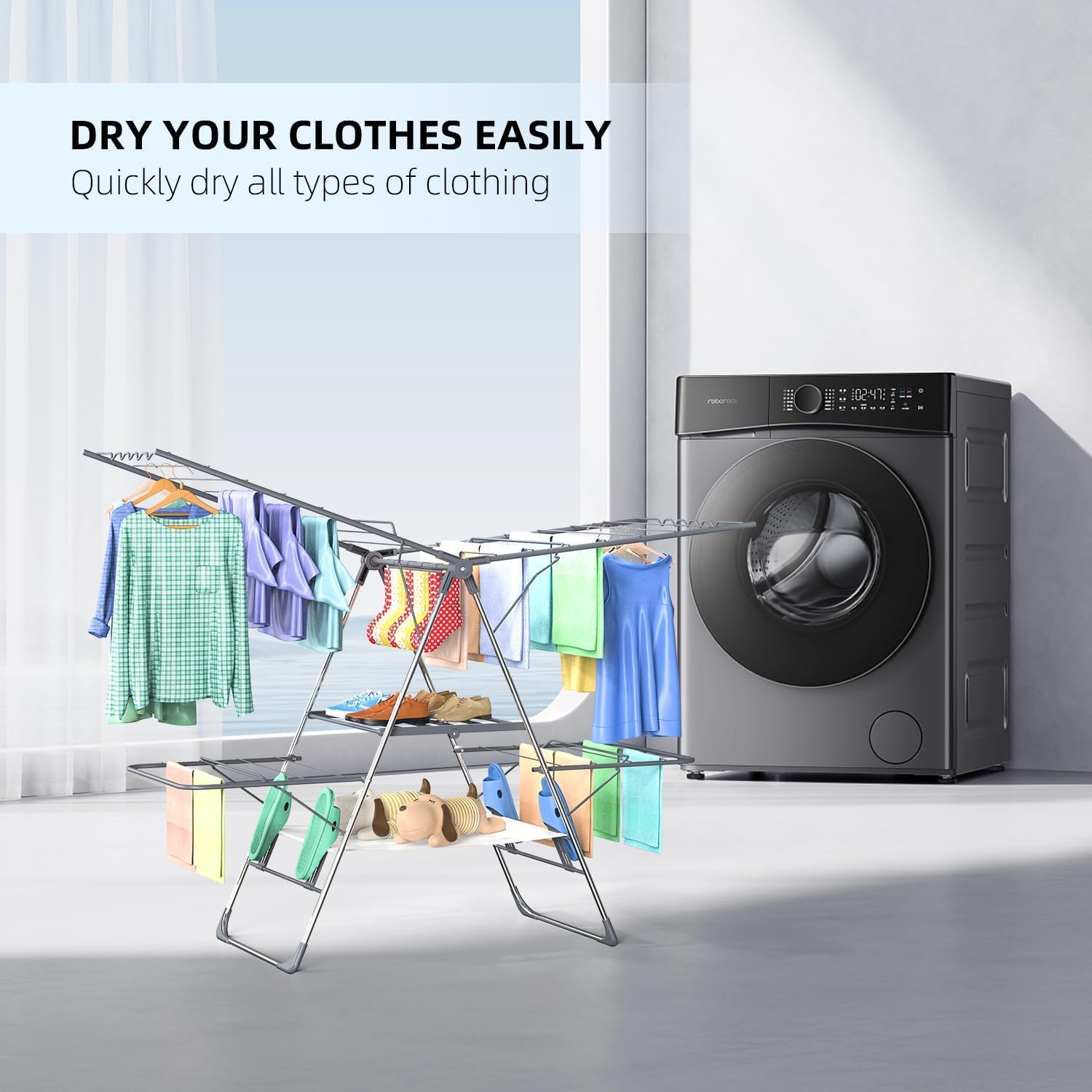 Clothes Drying Rack, Foldable 2-Level Laundry Racks for Drying Clothes Rack,Stainless Steel Drying Rack Clothing Collapsible for Indoor Outdoor,with Height-Adjustable Wings