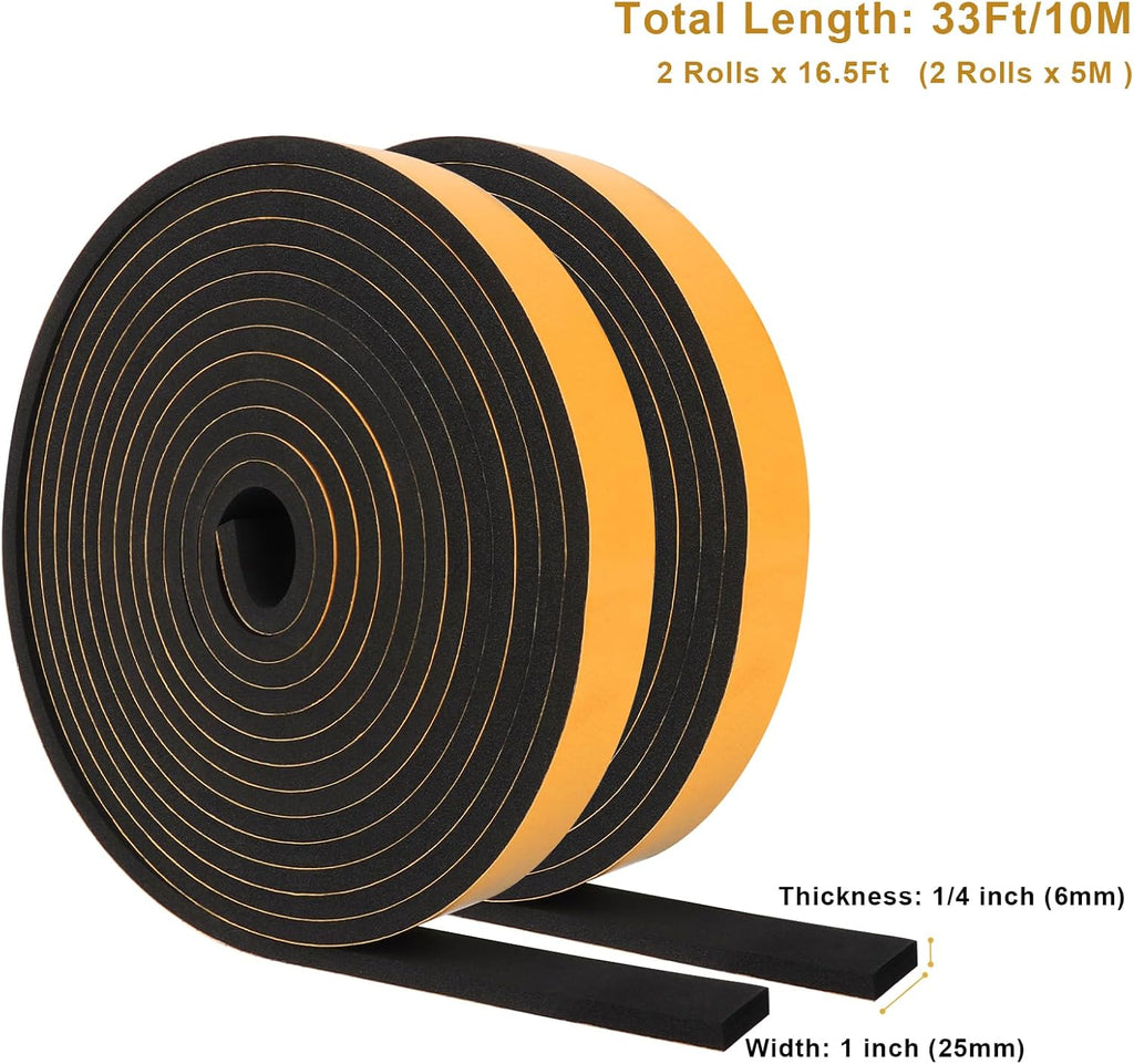 Weather Stripping Self Adhesive 1 in x 1/4 in, Weatherproof Foam Insulation Tapes Soundproof, High Density Seal Strips for Door Window, Easy Cut to Size, 2 Rolls Total 33Ft