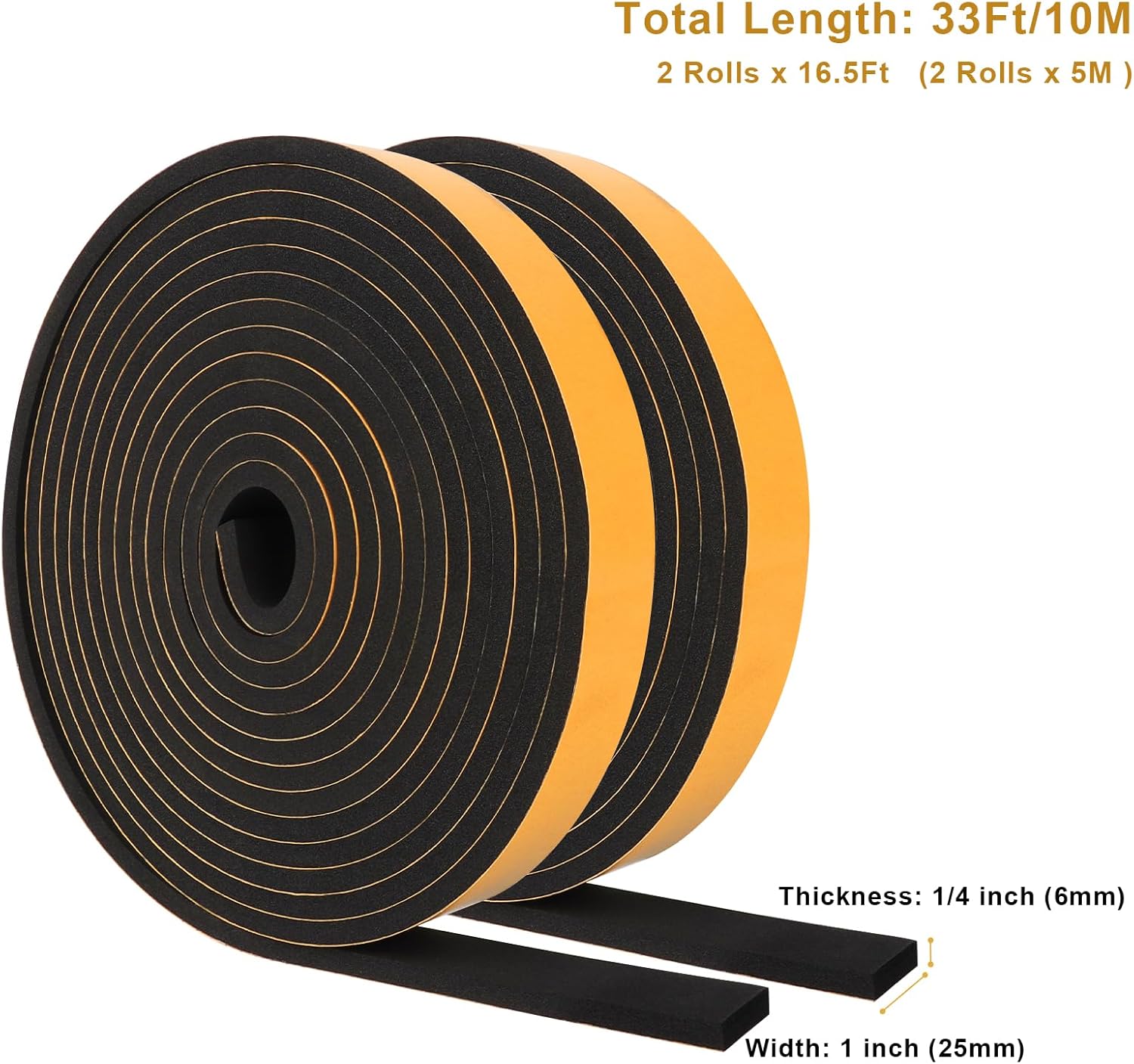Weather Stripping Self Adhesive 1 in x 1/4 in, Weatherproof Foam Insulation Tapes Soundproof, High Density Seal Strips for Door Window, Easy Cut to Size, 2 Rolls Total 33Ft