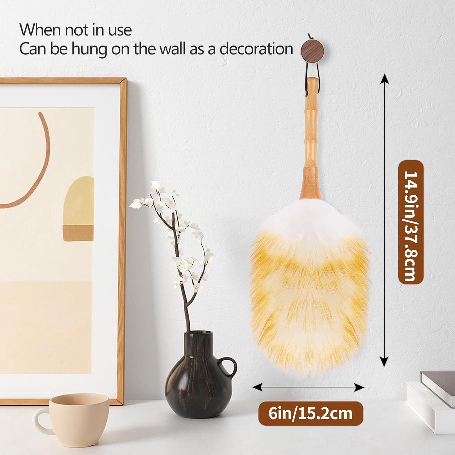 Lambswool Duster for Cleaning with Solid Wooden Handle Leather Hang Strap 14.9 inch Natural Feather Duster for Cleaning Ceiling Fans Window Blinds Computer Furniture(2 Pack)