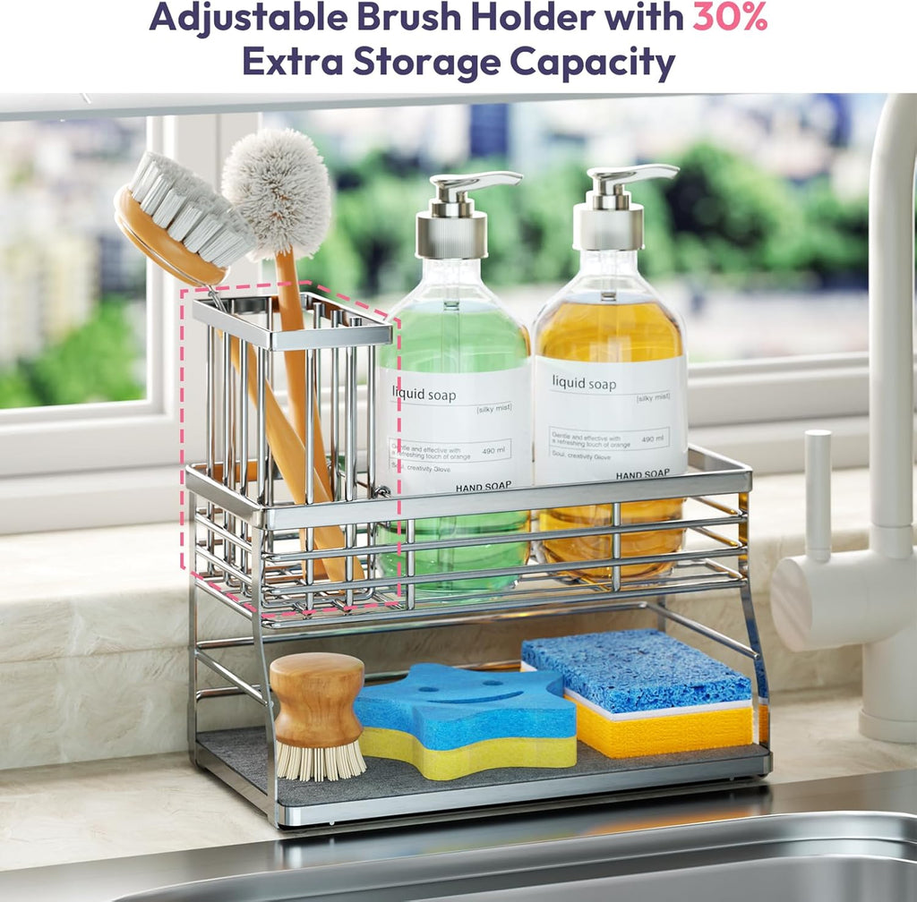 SWTYMIKI Kitchen Sink Caddy Organizer, 2 Tier Sponge Holder for Kitchen Sink with Instant Drying Stone, Removable Brush Holder for Fast Drying on Countertop, Silver