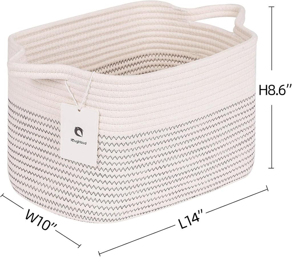 Medium and Large Woven Basket//With Handle, Used for Toys and Fabric Storage Basket used for Storing xl Storage Box, Decorative Storage Box Room 2pack (14L*10W*8.6H White/Black Line, 14Lx10Wx8.6H)