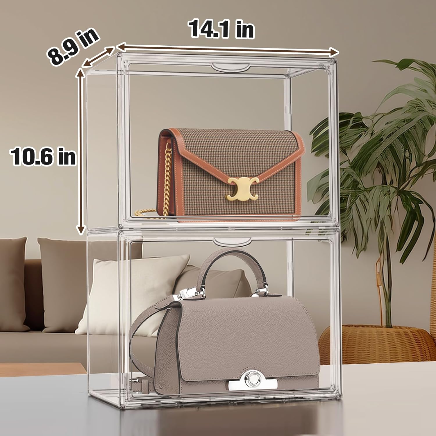 1Pack Clear Stackable Plastic Storage Bins with Magnetic Lid, X-Large Acrylic Display Cases for Book Cosmetic Figures Collectibles Showcase, Shoe Box, Bag Organizer