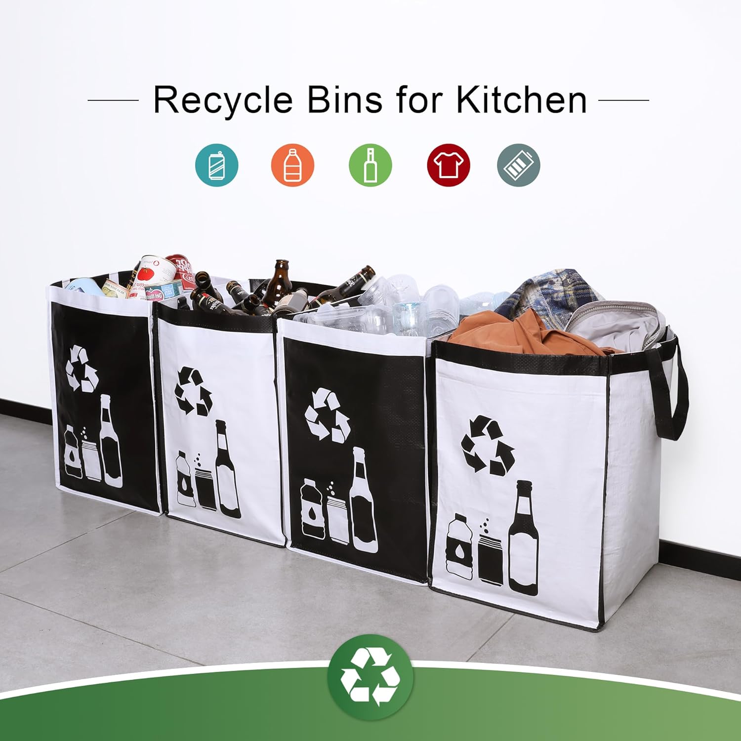 Recycle Waste Bag for Kitchen Home- Large Indoor Recycling Bins Trash Sorting Organizer, Reusable and Waterproof, 4 Pack